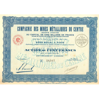 Cie des Mines Métalliques du Centre (Act 100 F)