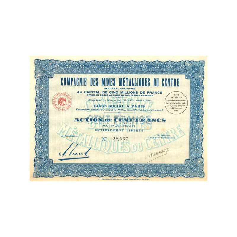 Cie des Mines Métalliques du Centre (Act 100 F)