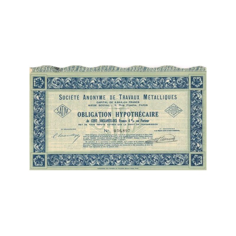 S.A. de Travaux Métalliques (Obl Hypothécaire 160 F 4%)