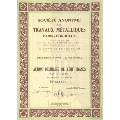 S.A. de Travaux Métalliques Paris - Bordeaux (Act Ordi 100 F)