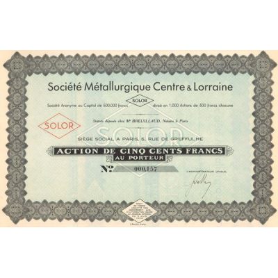 Sté Métallurgique Centre & Lorraine SOLOR (Act 500 F)