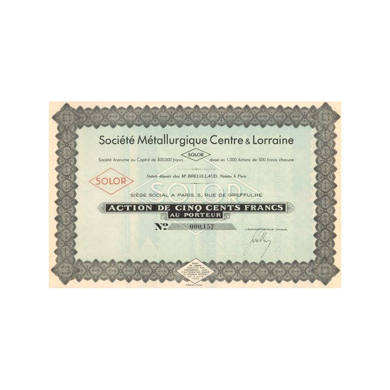 Sté Métallurgique Centre & Lorraine SOLOR (Act 500 F)