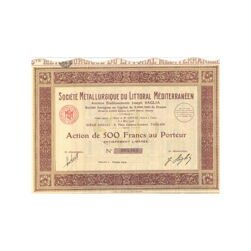 Sté Métallurgique du Littoral Méditerranéen - Anc Ets Joseph SAGLIA (Act 500 F)