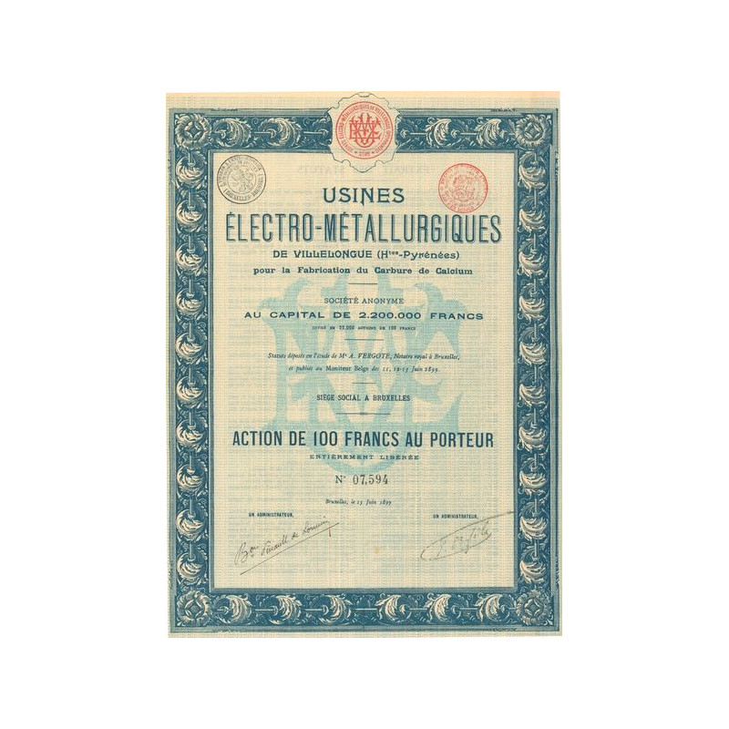 Usines Electro-Métallugiques de Villelongue (Htes-Pyrénées) pour la Fabrication du Carbure de Calcium (Act 100 F)