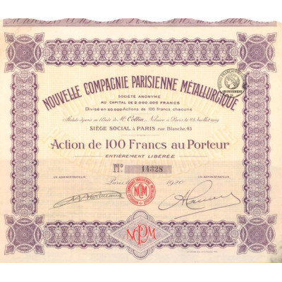 Nouvelle Cie Parisienne Métallurgique (Act 100 F)