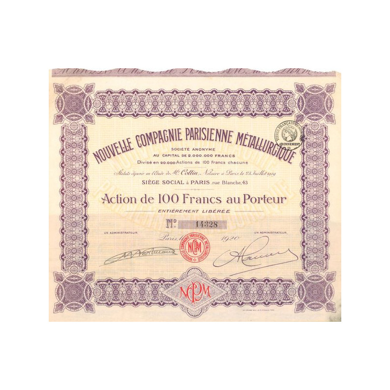Nouvelle Cie Parisienne Métallurgique (Act 100 F)
