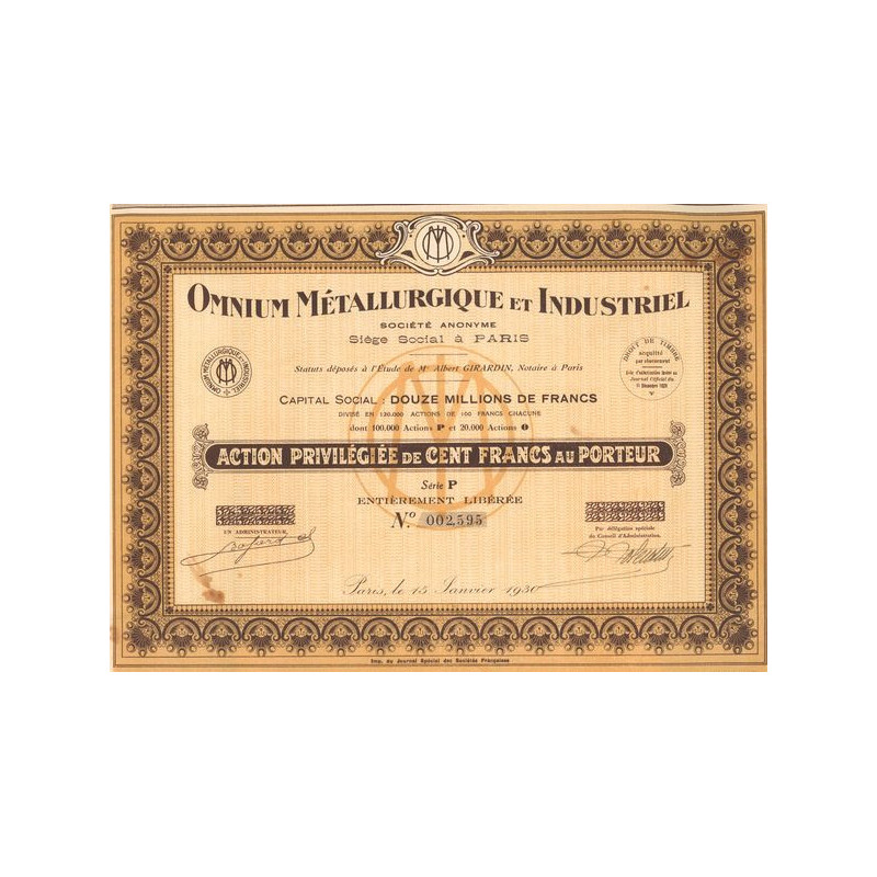 Omnium Métallurgique et Industriel (Act Priv 100 F)