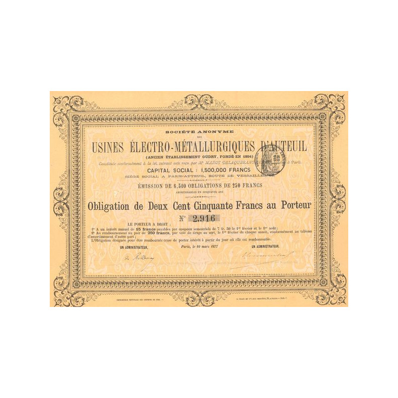 S.A. des Usines Electro-Métallurgiques d'Auteuil (Anc Ets Oudry. Fondé en 1854) (Obl 250 F)