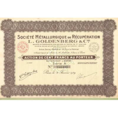 Sté Métallurgique de Récupération L. GOLDENBERG & Cie - 1929 - (Verte) (Act 100 F)