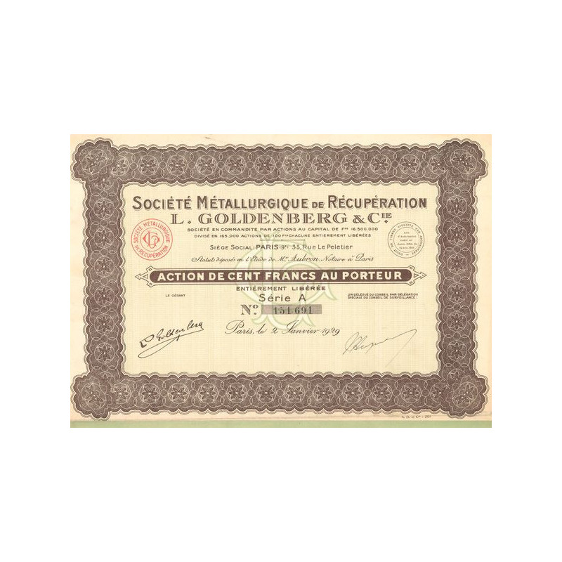 Sté Métallurgique de Récupération L. GOLDENBERG & Cie - 1929 - (Verte) (Act 100 F)