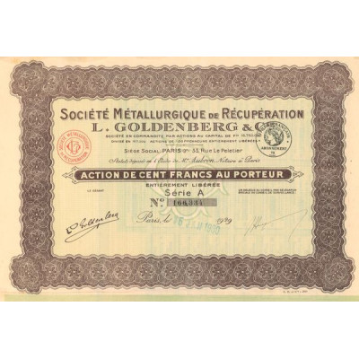 Sté Métallurgique de Récupération L. GOLDENBERG & Cie - 1930 - (Verte) (Act 100 F)