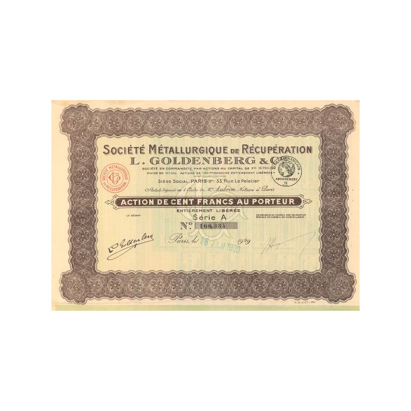 Sté Métallurgique de Récupération L. GOLDENBERG & Cie - 1930 - (Verte) (Act 100 F)