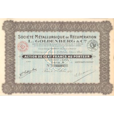 Sté Métallurgique de Récupération L. GOLDENBERG & Cie - 1927 - (Bleue) (Act 100 F)