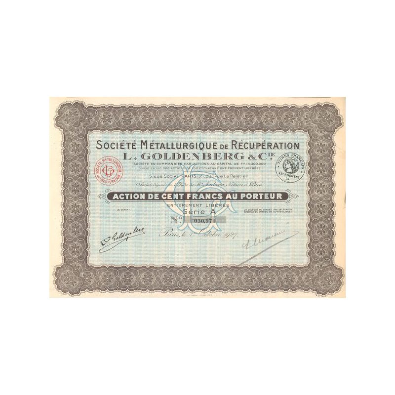 Sté Métallurgique de Récupération L. GOLDENBERG & Cie - 1927 - (Bleue) (Act 100 F)