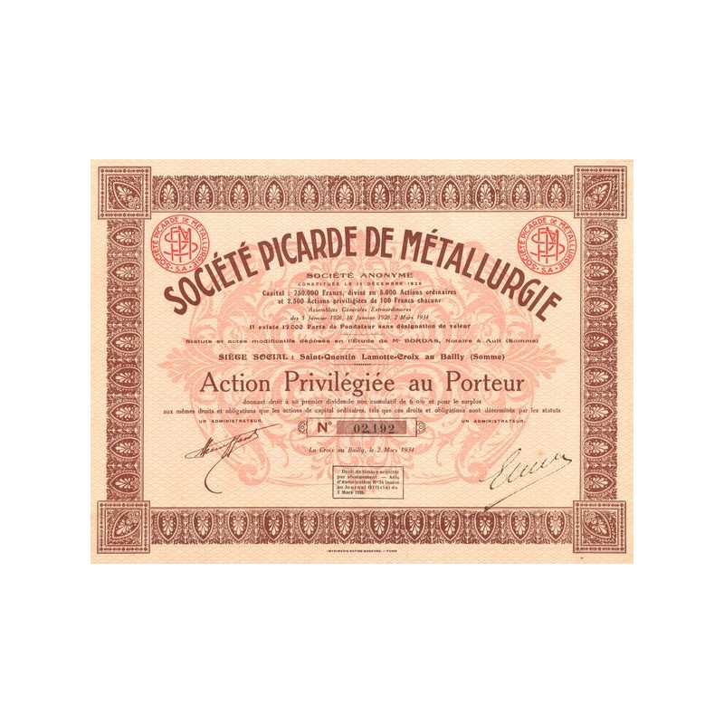 Sté Picarde de Métallurgie (Act Priv 100 F)