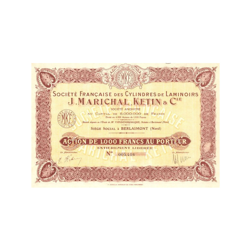 Sté Française des Cylindres de Laminoirs J.Marichal. Ketin & Cie (Act 1000 F)