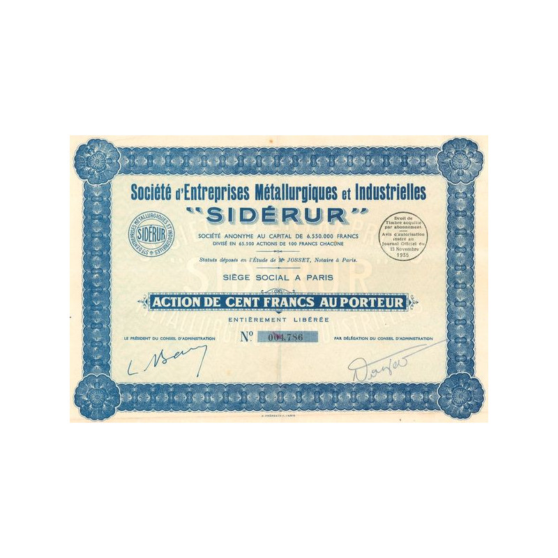 Sté d'Entreprises Métallurgiques et Industrielles "SIDERUR" (Act 100 F)