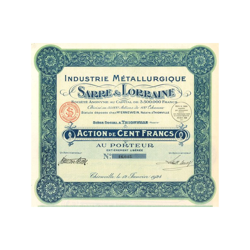 Industrie Métallurgique Sarre & Lorraine (Act 100 F)