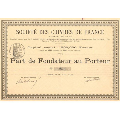 Sté des Cuivres de France - 1890 (Jaune) (Act 500 F)
