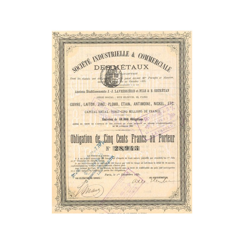 Sté Industrielle & Commerciale des Métaux - Anc Ets J.-J. Laveissière et Fils & E. Secrétan - Cuivre. Laiton. Zinc. Plomb. Etain