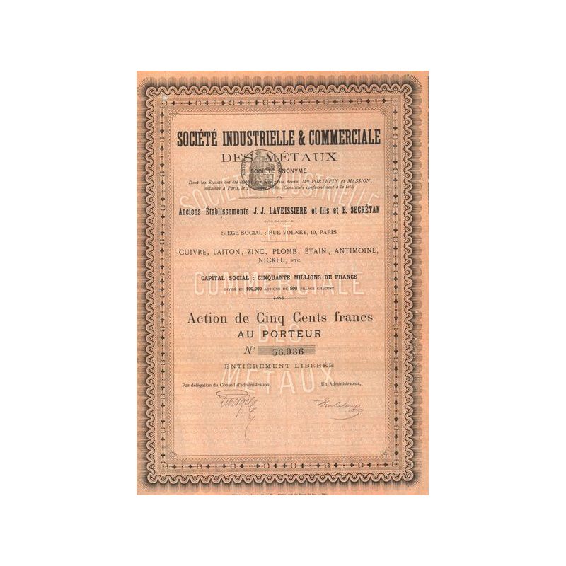 Sté Industrielle & Commerciale des Métaux - Anc Ets J.-J. Laveissière et Fils & E. Secrétan - Cuivre. Laiton. Zinc. Plomb. Etain