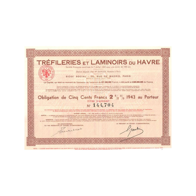Tréfileries et Laminoirs du Havre (Obl 500 F 2% 1/2)