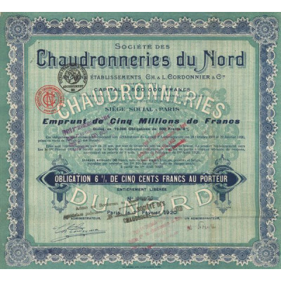 Sté des Chaudronneries du Nord - Anciens Ets Ch & L. Cordonnier & Cie (Obl 500 F 6%)