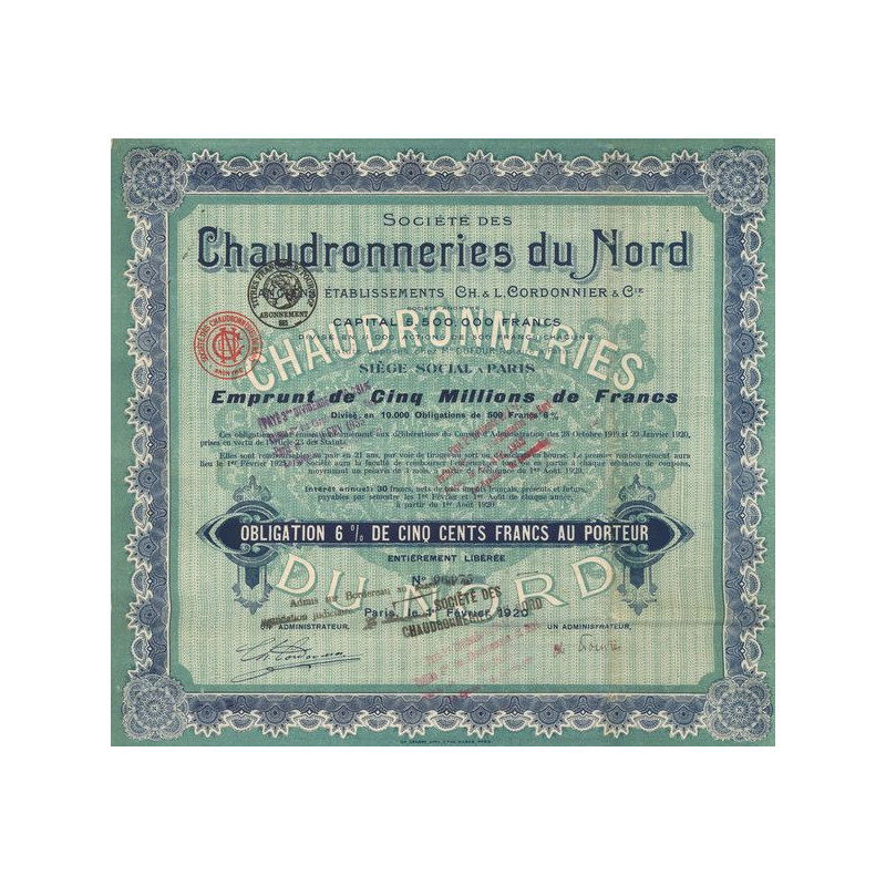 Sté des Chaudronneries du Nord - Anciens Ets Ch & L. Cordonnier & Cie (Obl 500 F 6%)
