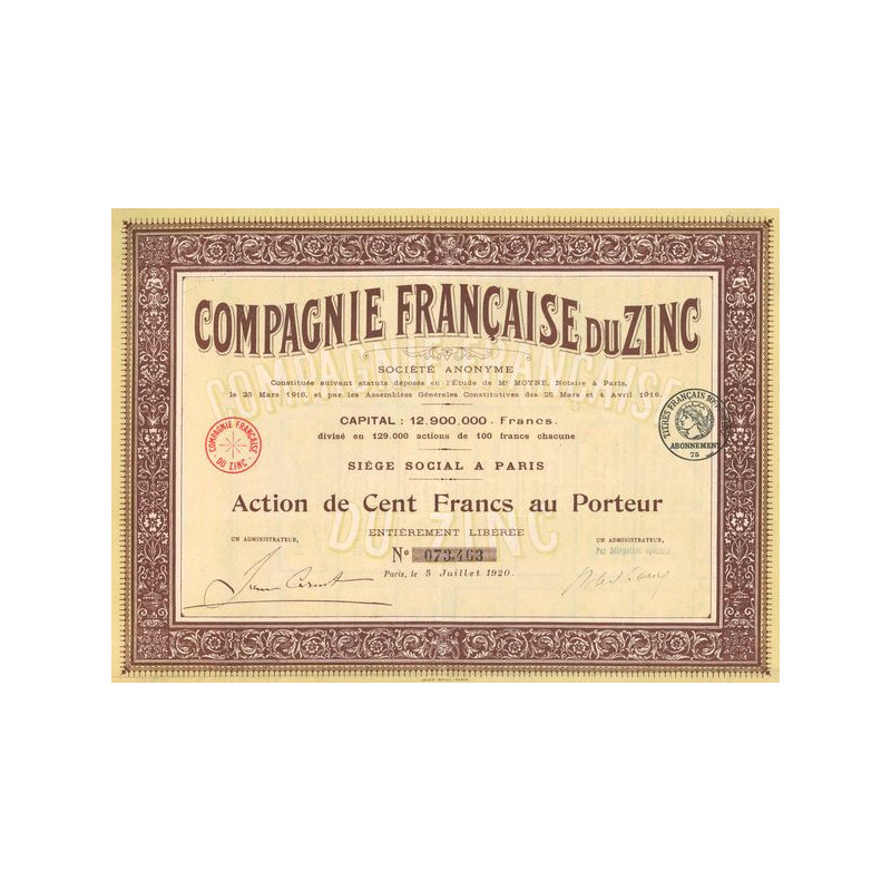 Cie Française du Zinc (Act 100 F)