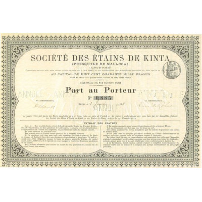 Sté des Etains de Kinta (Presqu'ile de Malacca) (Part)