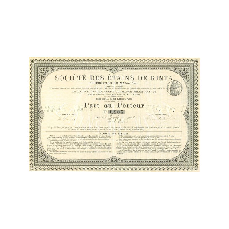 Sté des Etains de Kinta (Presqu'ile de Malacca) (Part)