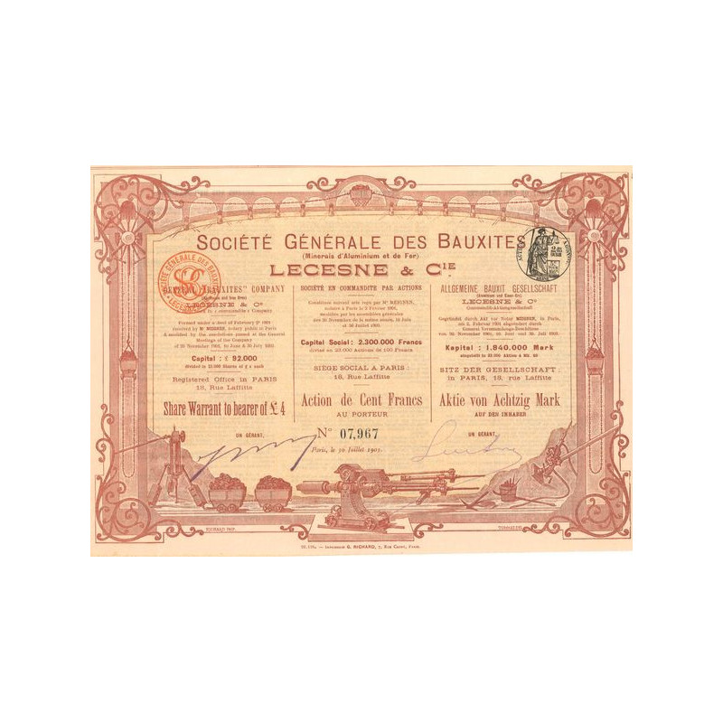 Sté Gale des Bauxites (Minerais d'Aluminium et de Fer) Lecesne & Cie (Act 100 F)