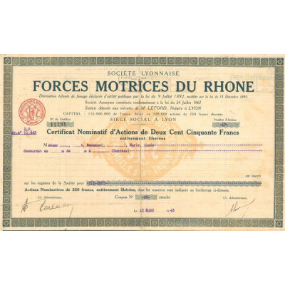 Sté Lyonnaise des Forces Motrices du Rhône (Certif nomin Obl 250 F)