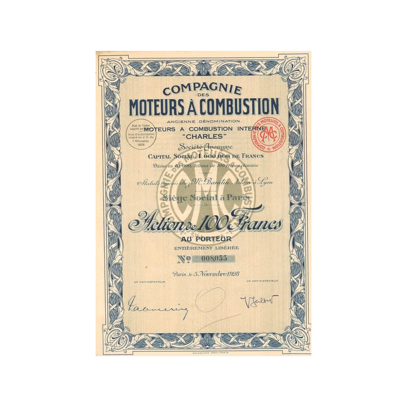 Cie des Moteurs à Combustion - Anc Dénomination Moteurs à Combustion Interne "Charles" (Act 100 F)