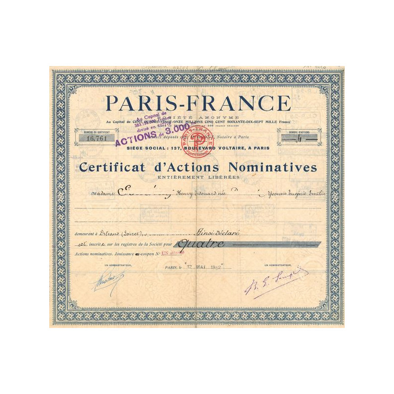 Paris-France (Certif d'Act Nomin)