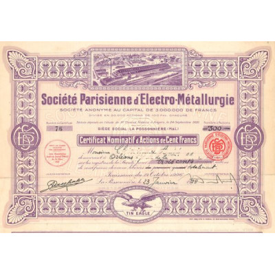 Sté Parisienne d'Electro-Métallurgie (Certif Nomin Act 100 F)
