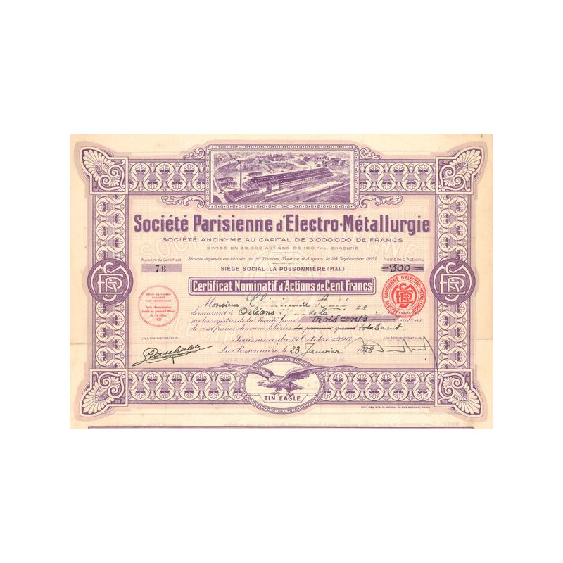 Sté Parisienne d'Electro-Métallurgie (Certif Nomin Act 100 F)