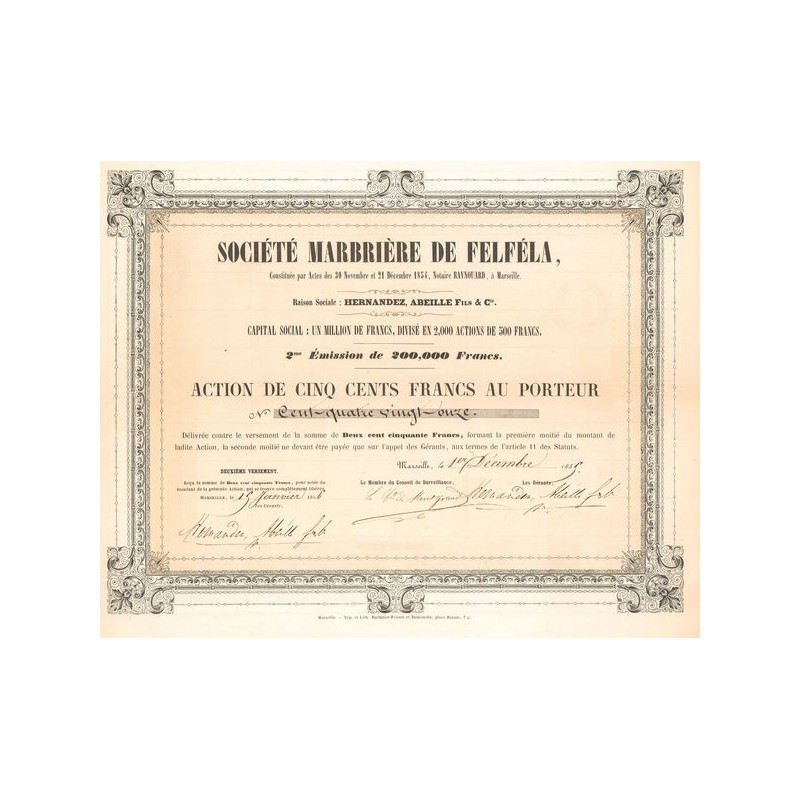 Sté Marbrière de Felféla - Hernandez. Abeille Fils & Cie (Act 500 F)