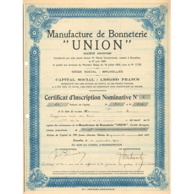 Manufacture de Bonneterie "Union" (Certif d'Inscrip Nomin)