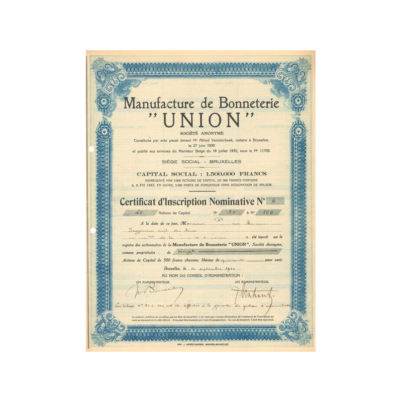 Manufacture de Bonneterie "Union" (Certif d'Inscrip Nomin)