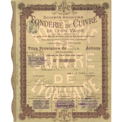 S.A. de la Fonderie de Cuivre de Lyon Vaise (Anc Ets L. Taillardat & Cie)(Titre Provis 10 Act 125 F)