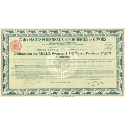 Cie des Hauts-Fourneaux et Fonderies de Givors - Ets Prénat (Obl 1000 F 4% 1/2)