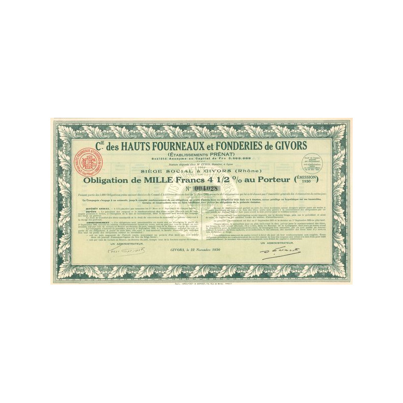 Cie des Hauts-Fourneaux et Fonderies de Givors - Ets Prénat (Obl 1000 F 4% 1/2)