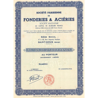 Sté Parisienne de Fonderies & Aciéries (Act 2500 F)