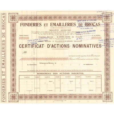 Fonderies et Emailleries de Brocas (Certif d'Act Nomin)(Blanquette)
