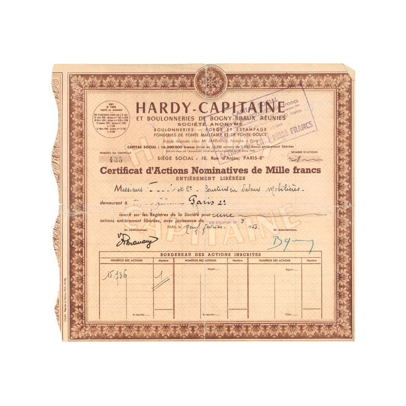 Hardy-Capitaine et Boulonneries de Bogny-Braux Réunies (Rouge)(Certif d'Act Nomin 1000 F)