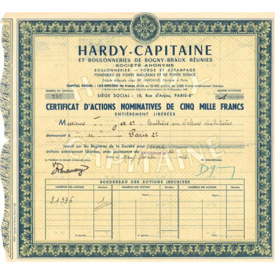 Hardy-Capitaine et Boulonneries de Bogny-Braux Réunies (Verte)(Certif d'Act Nomin 5000 F)