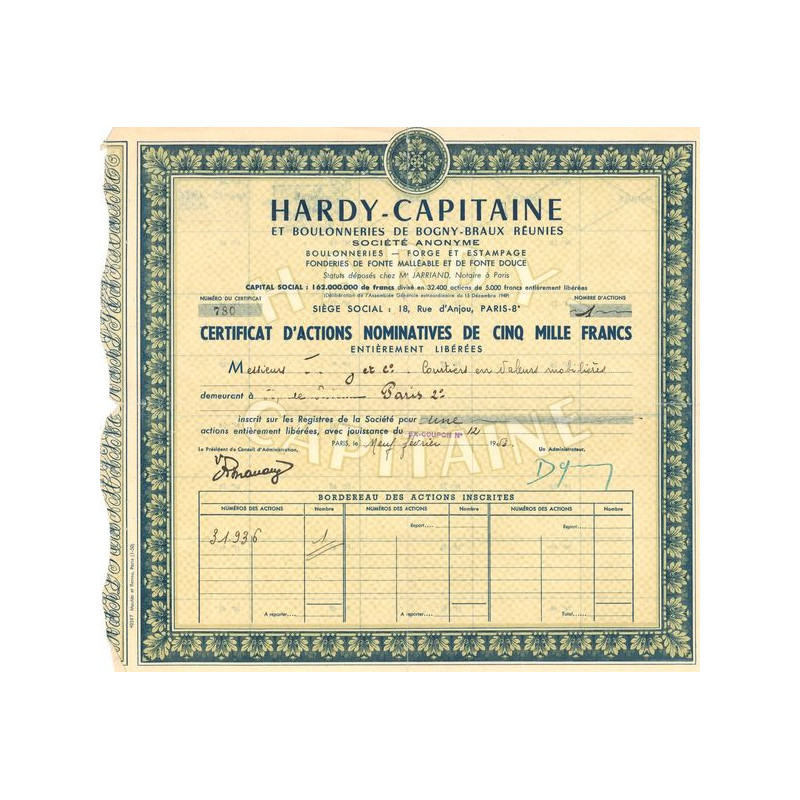 Hardy-Capitaine et Boulonneries de Bogny-Braux Réunies (Verte)(Certif d'Act Nomin 5000 F)