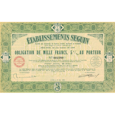 Ets Seguin - Sté des Fonderies de Cuivre Lyon Macon et Paris (Obl 1000 F 5%)
