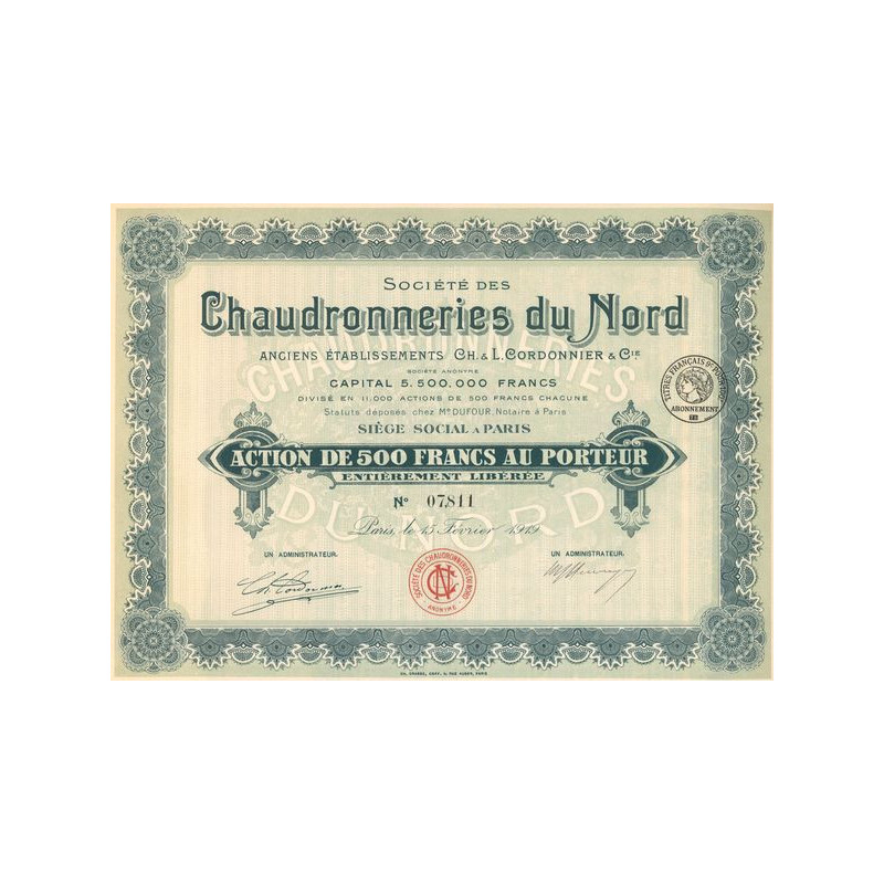 Sté des Chaudronneries du Nord - Anciens Ets Ch & L.Cordonnier & Cie (Act 500 F)